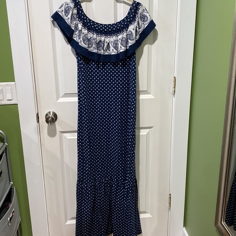 Lands End Ruffled Off Shoulder Maxi Dress EUC - Picture 2 of 11